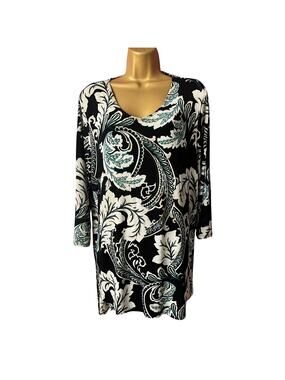 Chico's Asymmetrical Floral Blouse Black Tan Green 3/4 Sleeve Draped Hem Top Y2K